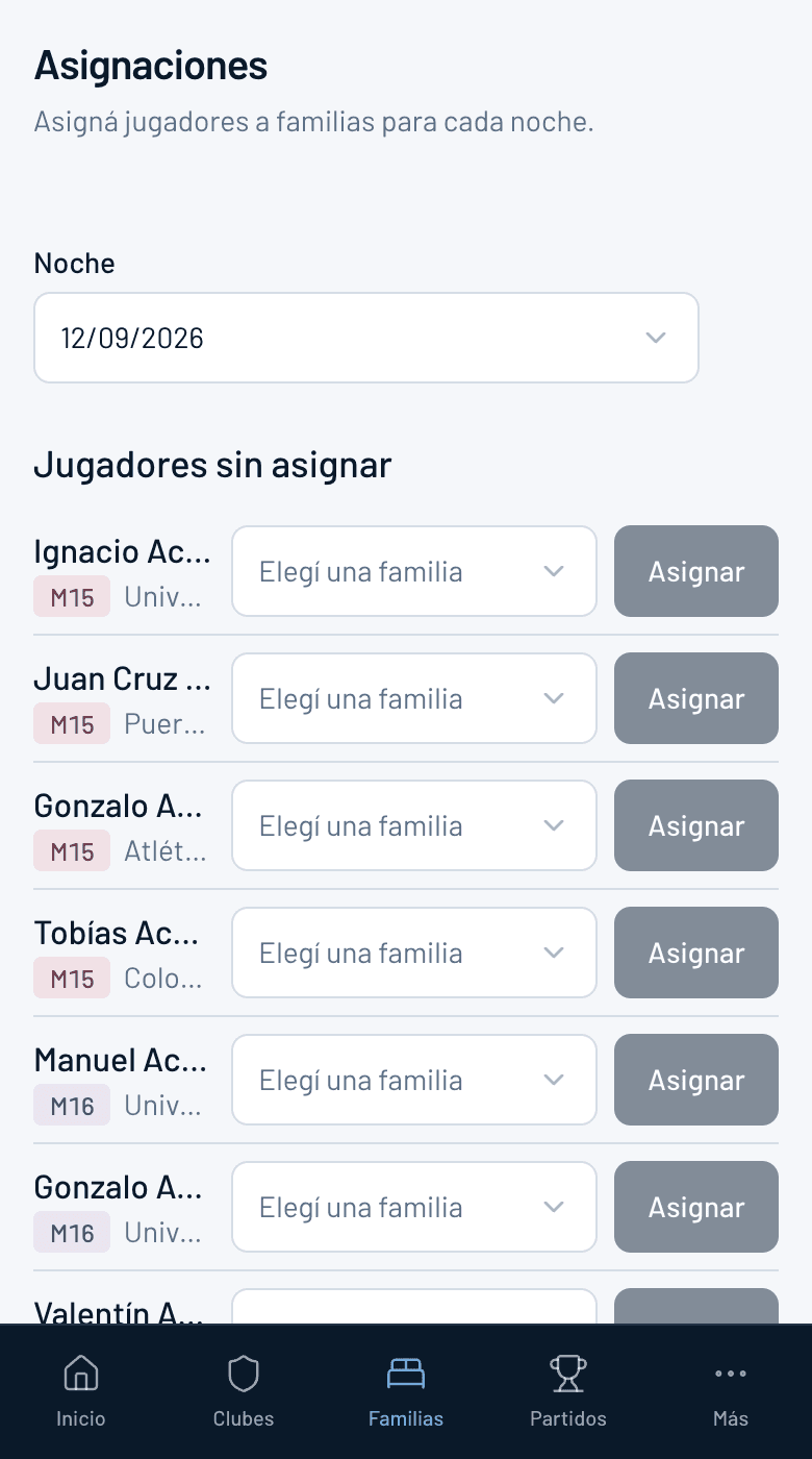 Tablero de asignaciones: jugadores sin hospedaje a la izquierda y familias con sus camas a la derecha.