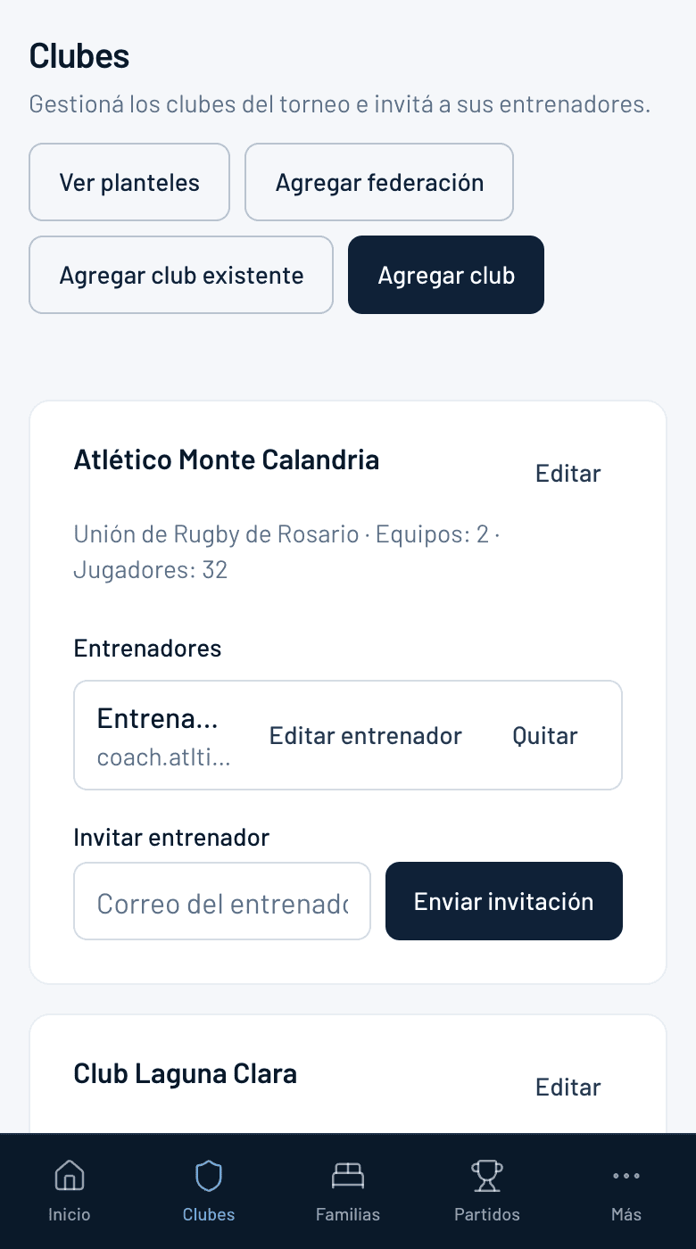 Panel del organizador con la lista de clubes del torneo y sus entrenadores.