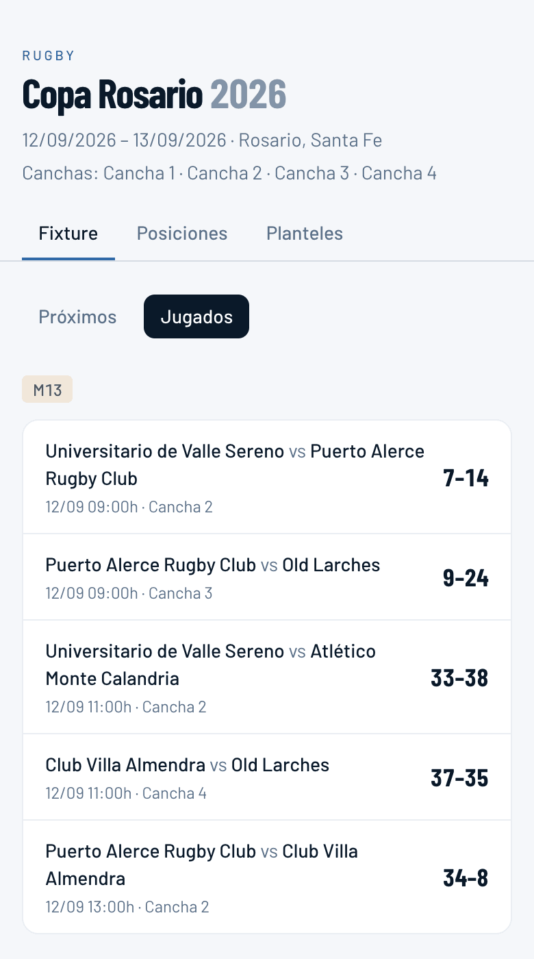 Página pública del torneo en un teléfono, con los partidos jugados.